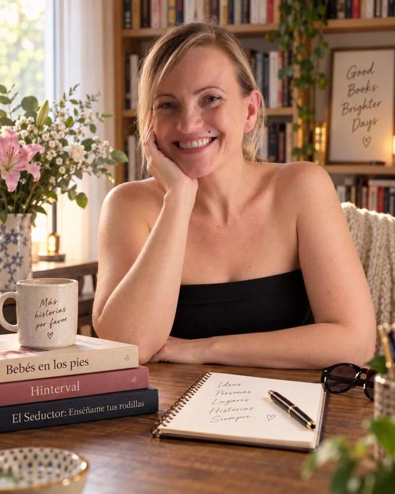 Kseniya Helvegr sonríe sentada a su escritorio, con una taza y sus libros