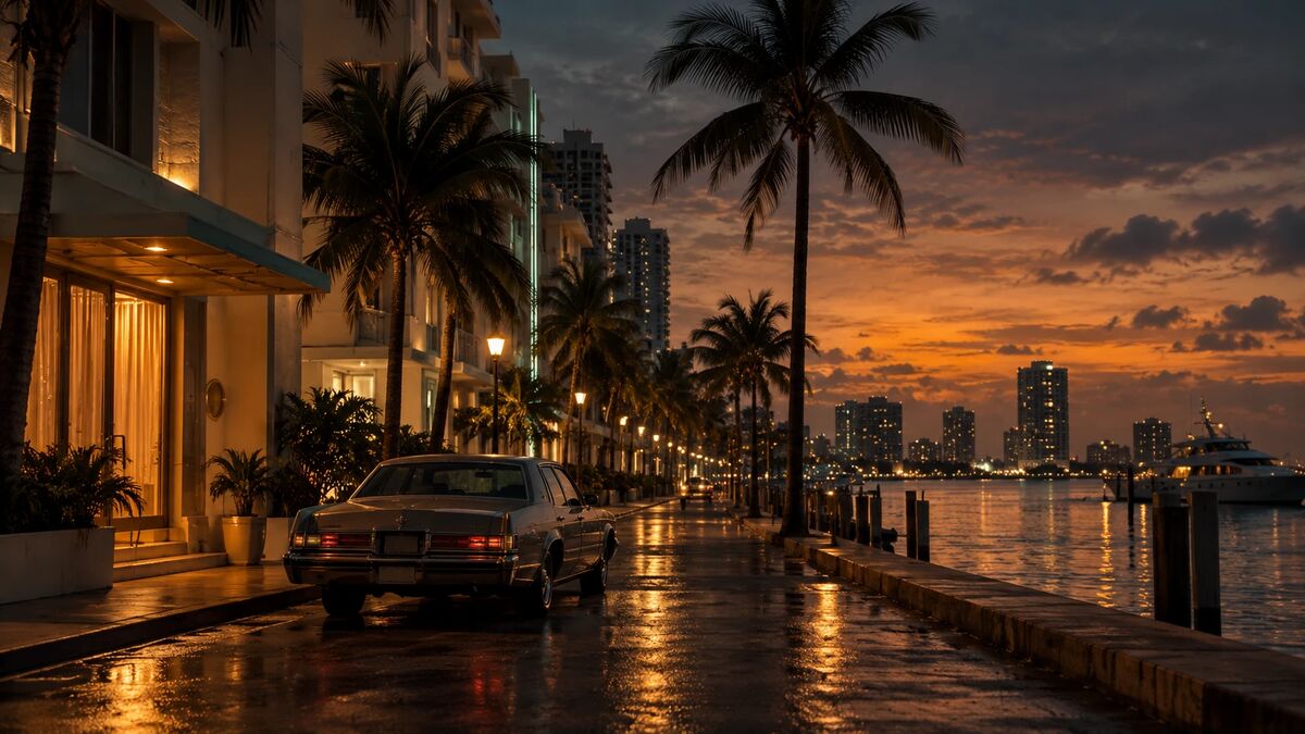 Paseo marítimo al atardecer con un coche clásico aparcado frente a un hotel iluminado